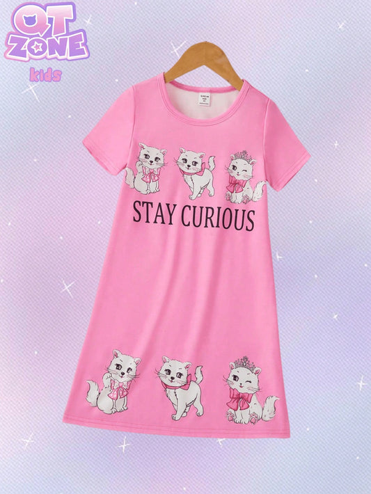 Young Girl Pink Simple Short Sleeve Sleep Dress With Dog Print, Homewear