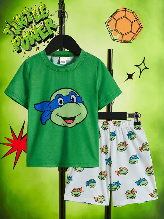 Young Boy Green Cartoon Printed Short-Sleeved Top And Shorts Home Wear Set For Summer