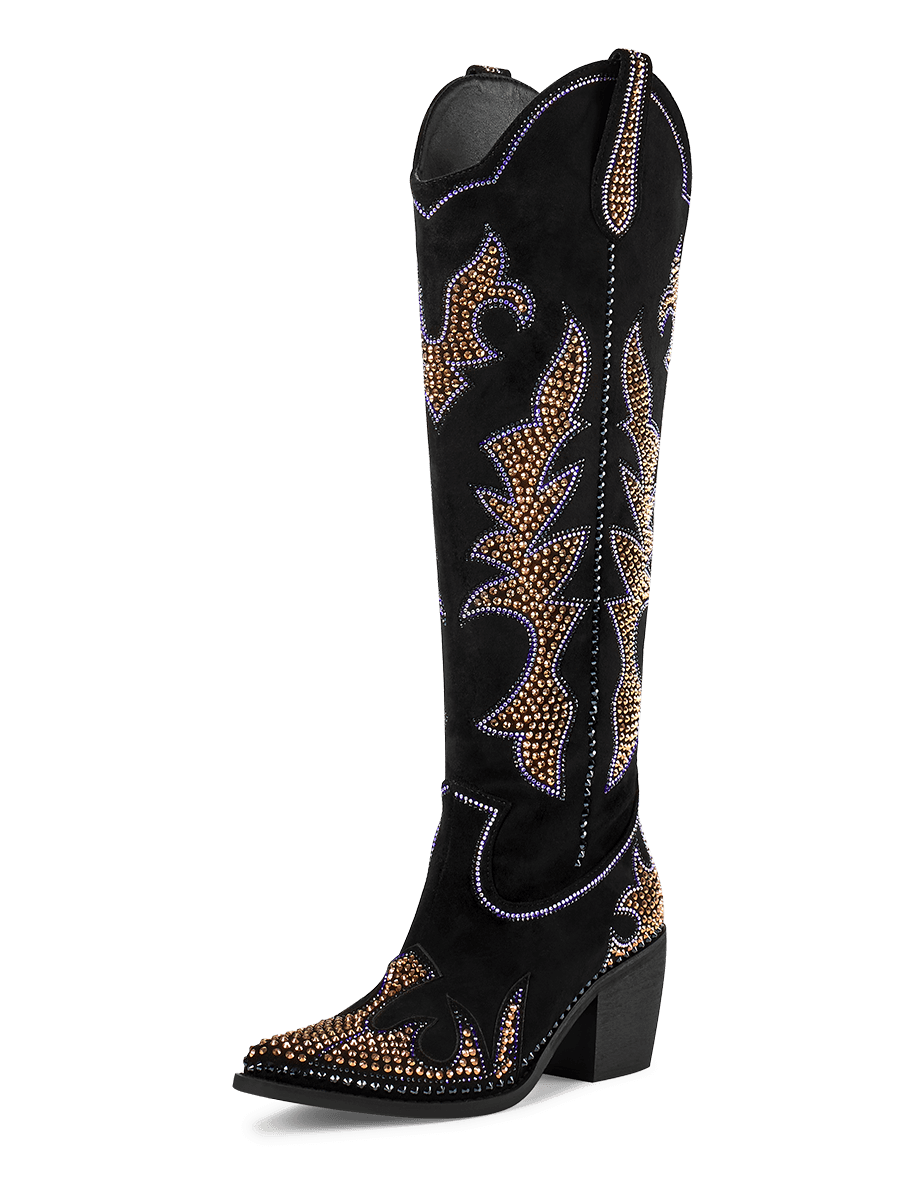 WETKISS Sparkly Rhinestones Cowboy Boots For Women Knee High Boots Chunky Heel, Pointed Toe And Side Zippers