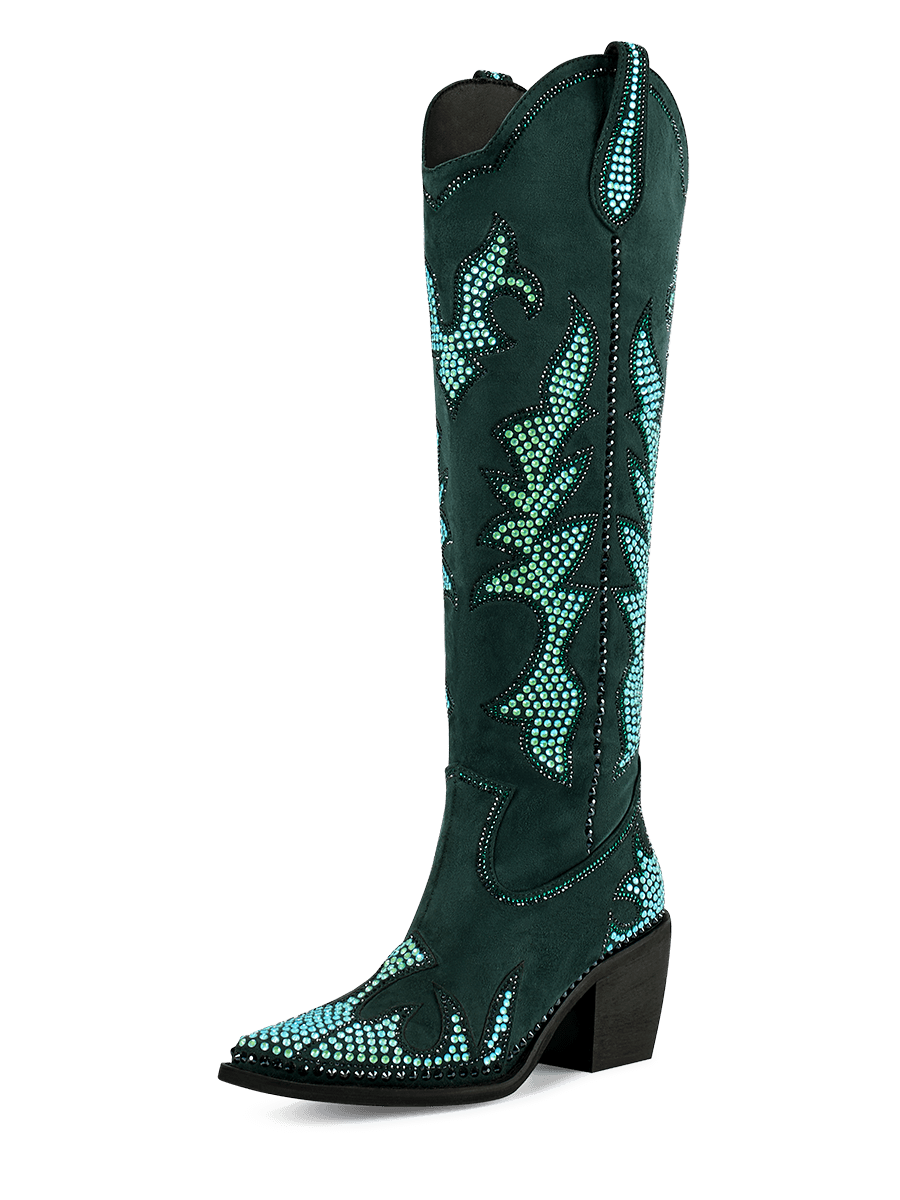 WETKISS Sparkly Rhinestones Cowboy Boots For Women Knee High Boots Chunky Heel, Pointed Toe And Side Zippers