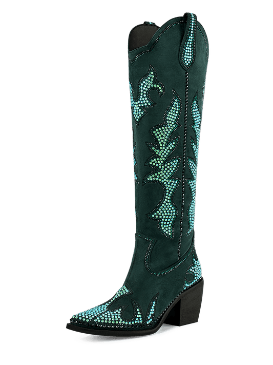 WETKISS Sparkly Rhinestones Cowboy Boots For Women Knee High Boots Chunky Heel, Pointed Toe And Side Zippers