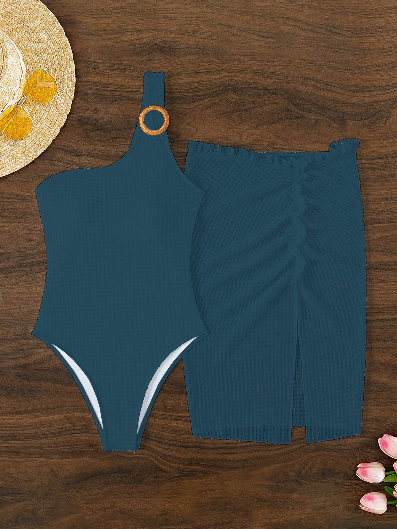 Swim Summer Beach 2pcs/Set Women's Single Shoulder One-Piece Swimsuit With Cover-Up Skirt