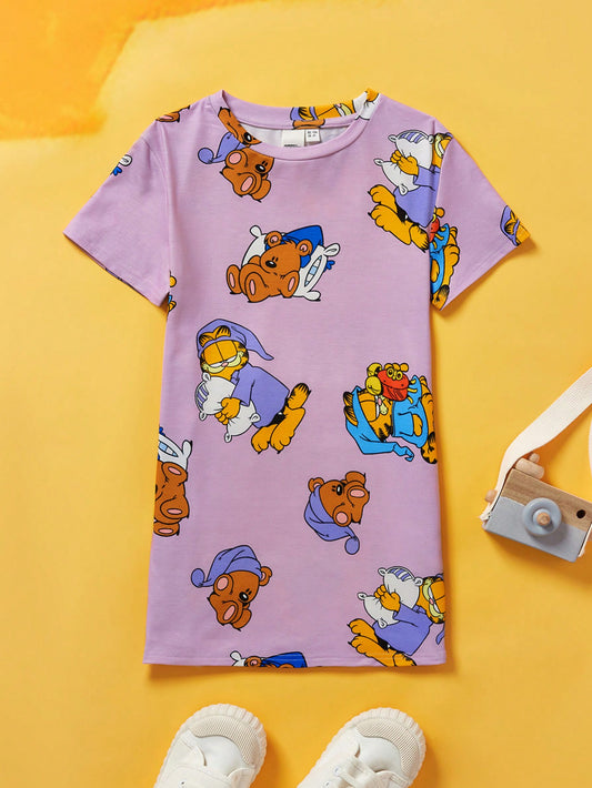 GARFIELD X Young Girl Round Neck Cartoon Printed Short Sleeve Nightgown For Summer