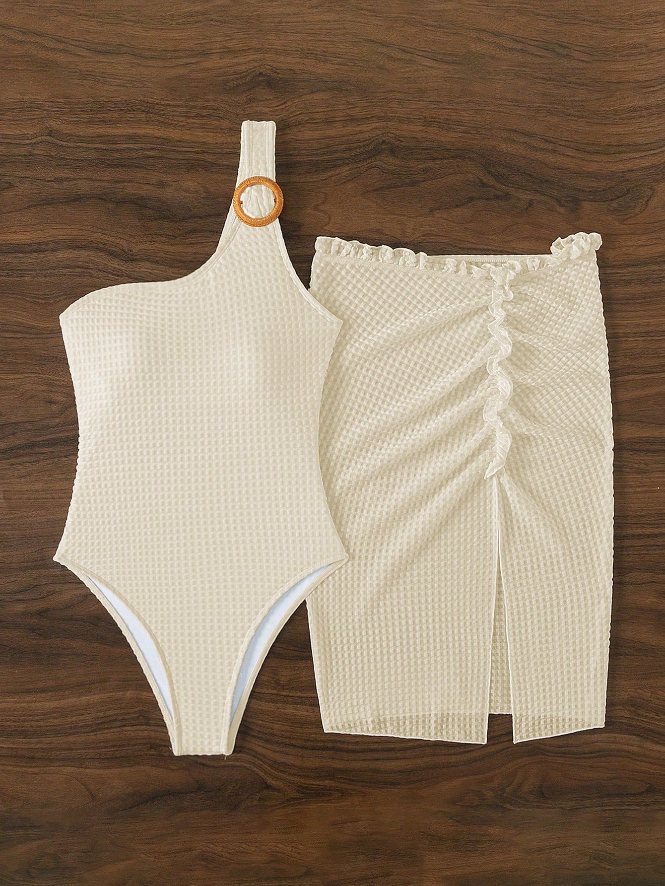 Swim Summer Beach 2pcs/Set Women's Single Shoulder One-Piece Swimsuit With Cover-Up Skirt