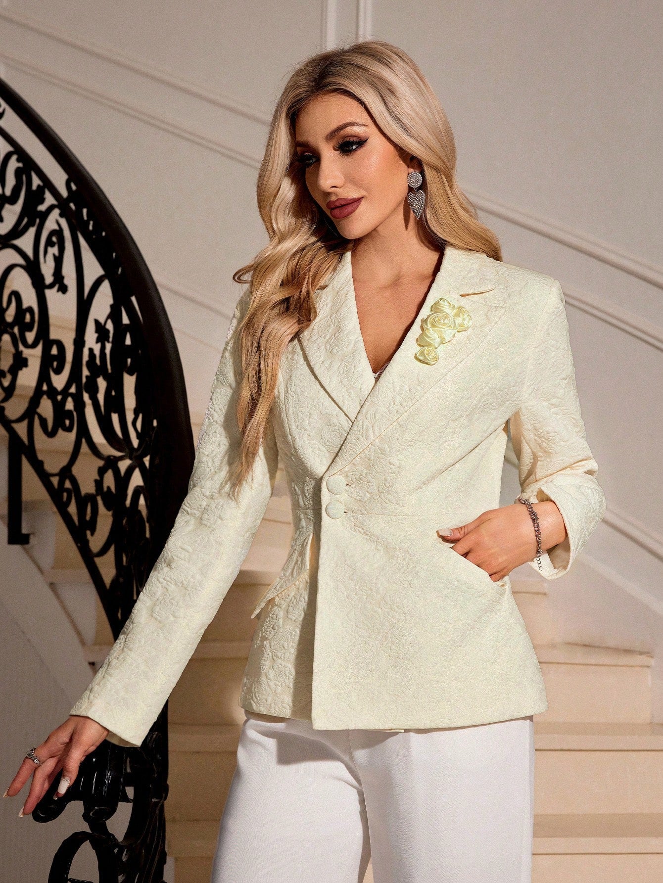 Rosie Women's Solid Color Simple Daily Wear Blazer With 3D Flower Decoration