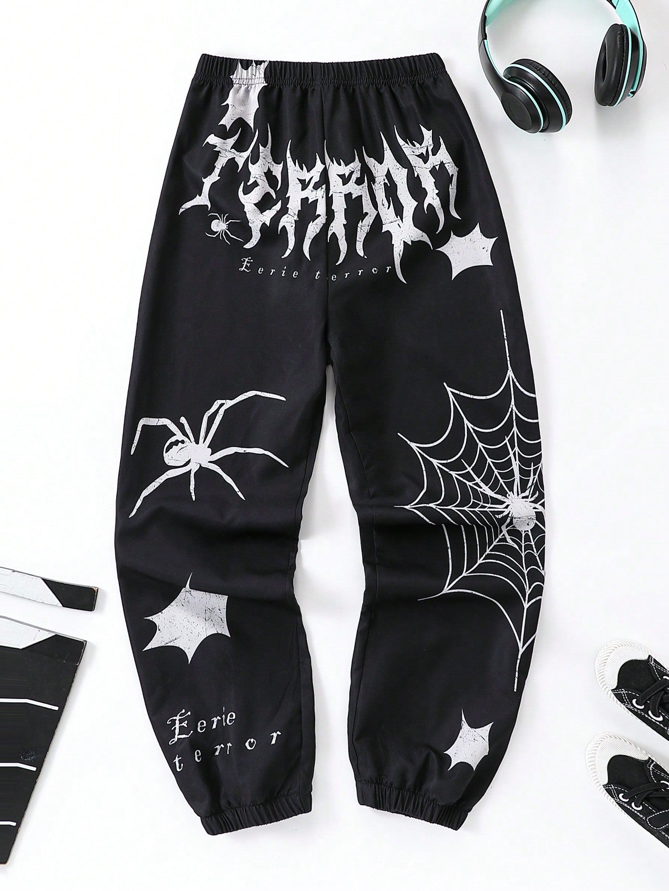 Tween Boy Fashionable Loose Spider Web Printed Lettered Pants