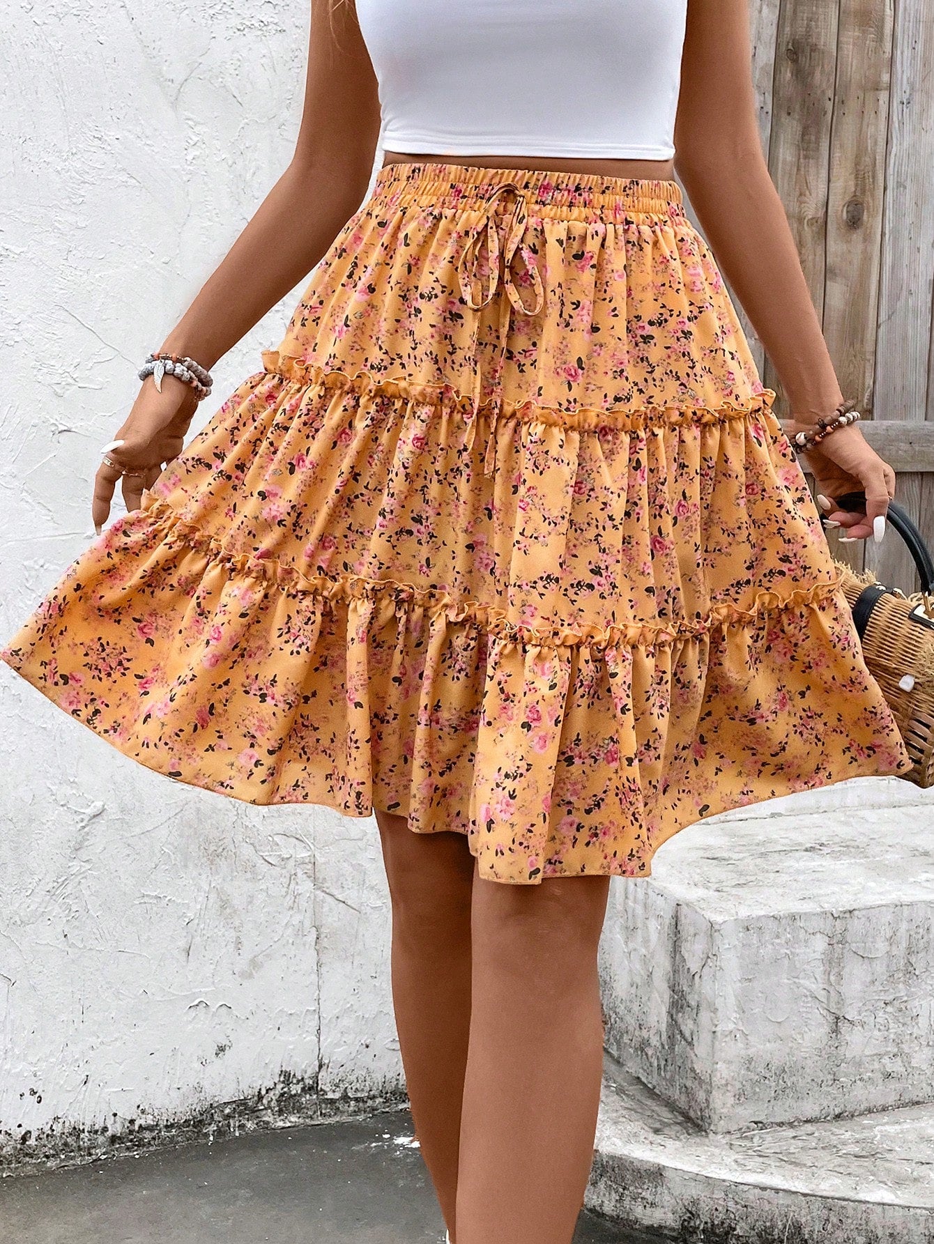 Women's Mixed Ditsy Floral Wrap Layered Ruffle Skirt