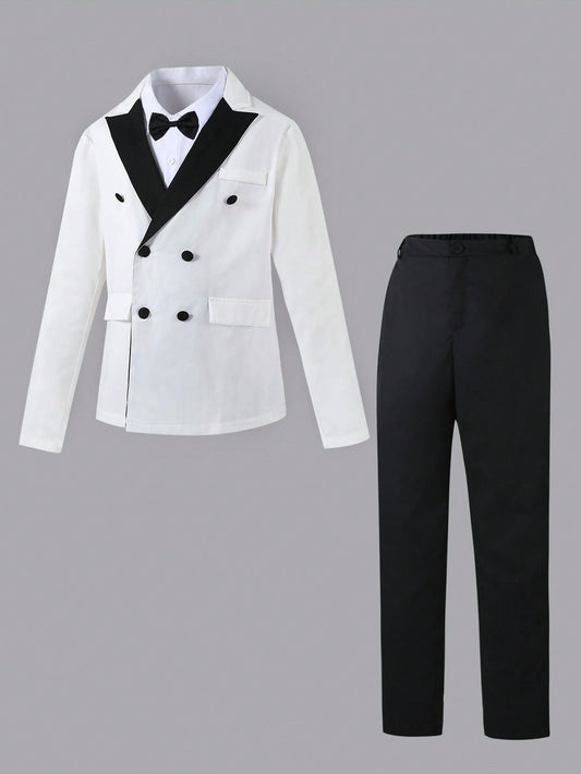 2pcs Teen Boy Color-Block Suit Set - Fashionable & Handsome Suit Jacket And Pants, Ideal For Festive Parties, Performances, Weddings, And One-Year-Old Birthday Celebrations - Spring Or Autumn