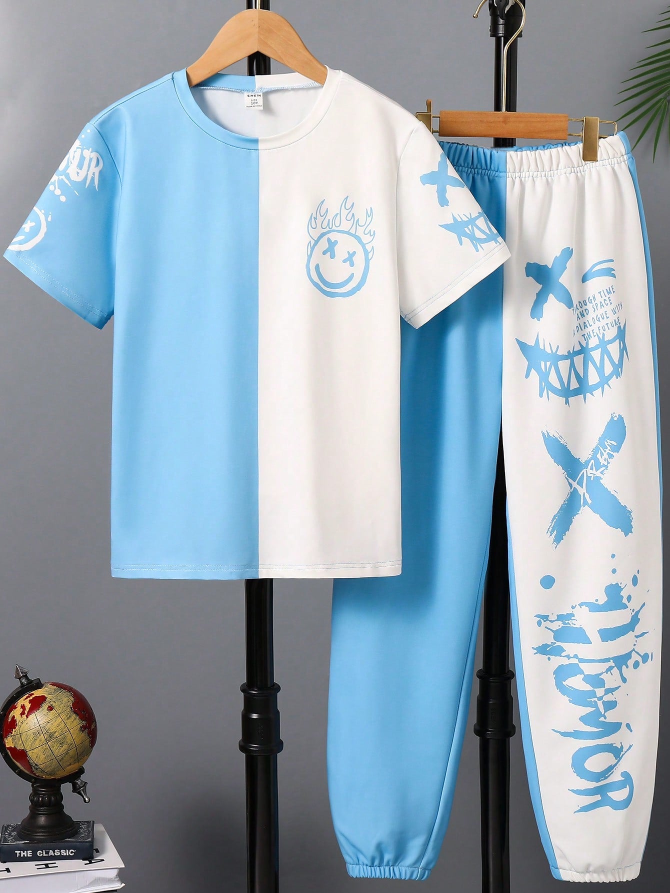 Tween Boys' Face Print Short Sleeve T-Shirt And Sweatpants 2pcs/Set