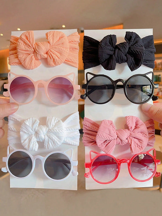 2 Pcs/Set New Baby Girls Boys Cute Solid Color Bowknot Hairband Round Sunglasses Set Children Sunglasses Kids Hair Accessories