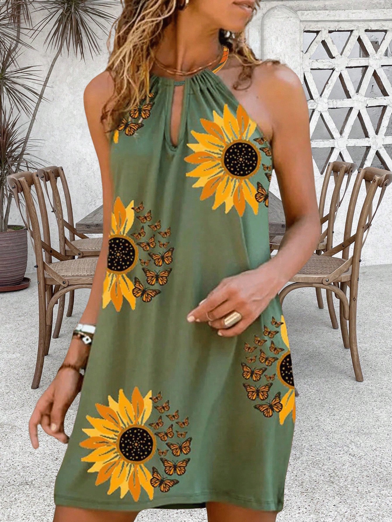 Women's Summer Sunflower Print Halter Neck Dress