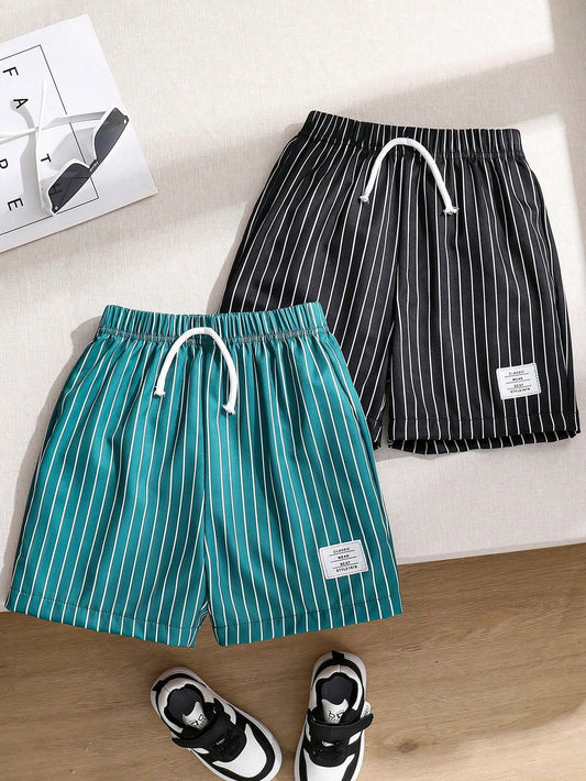 Tween Boy 2pcs/Set Striped Shorts, Summer Casual Wear, Medium And Large Size