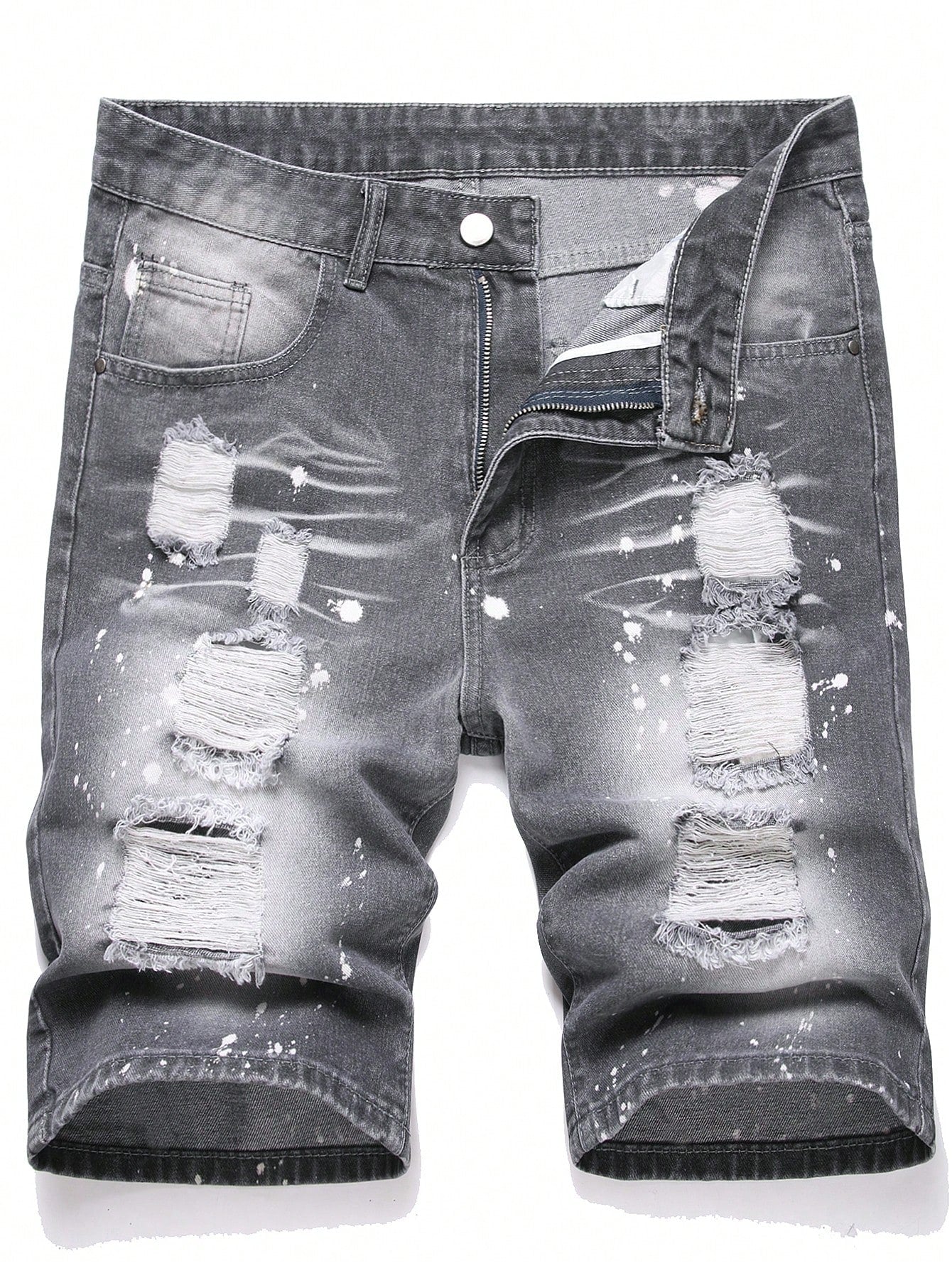 European And American Men Paint Splashed Ripped Denim Shorts