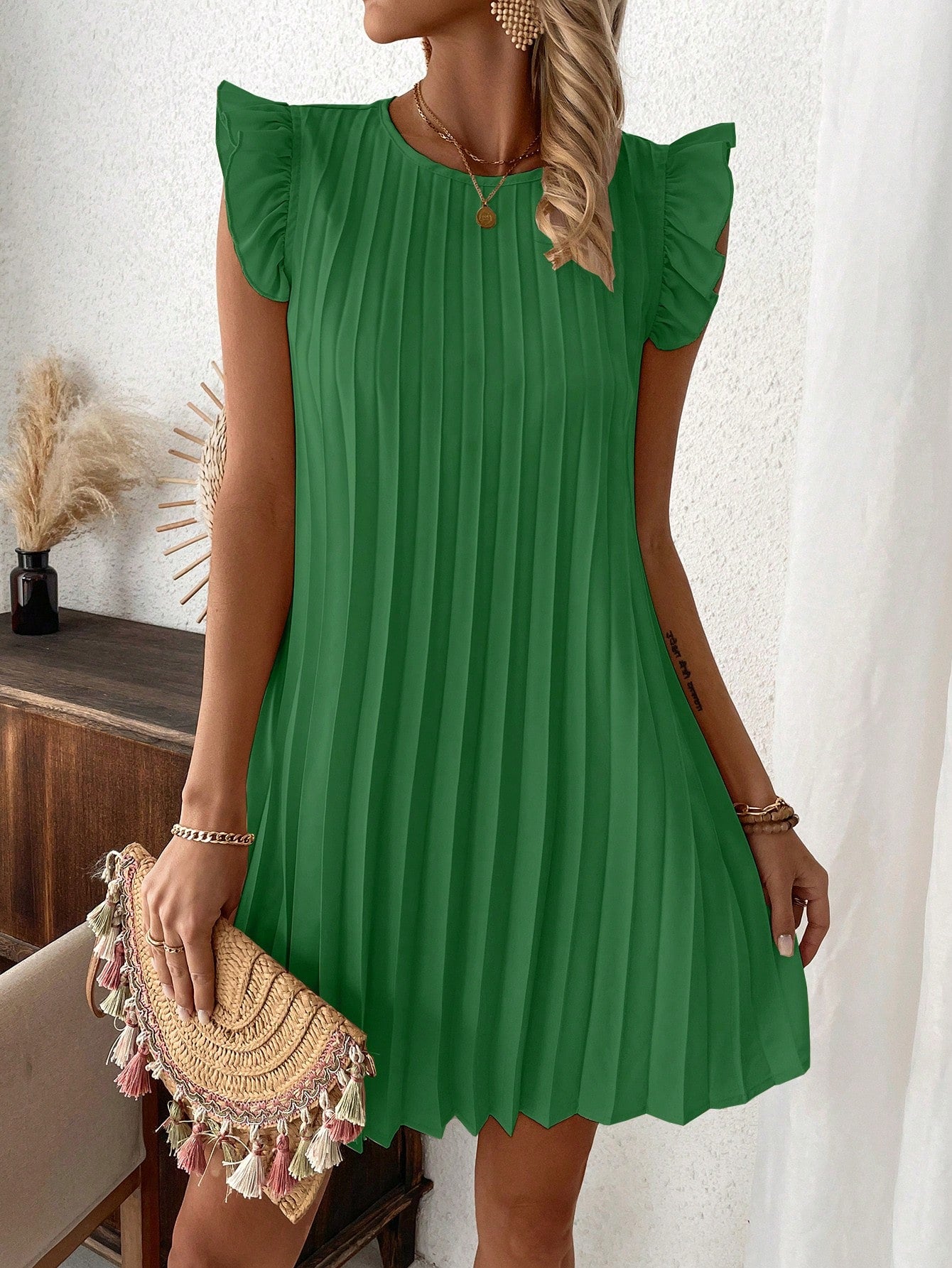 Women's Solid Color Ruffled & Pleated Decoration Sleeveless Dress