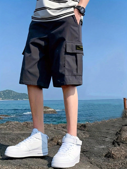 1pc Tween Boy Casual Sports Outdoor Pocket Fashion English Letter Heat Transfer Patch Cargo Shorts, Spring And Autumn