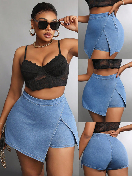 Plus Size Women Plain Casual Denim Shorts For Everyday Wear