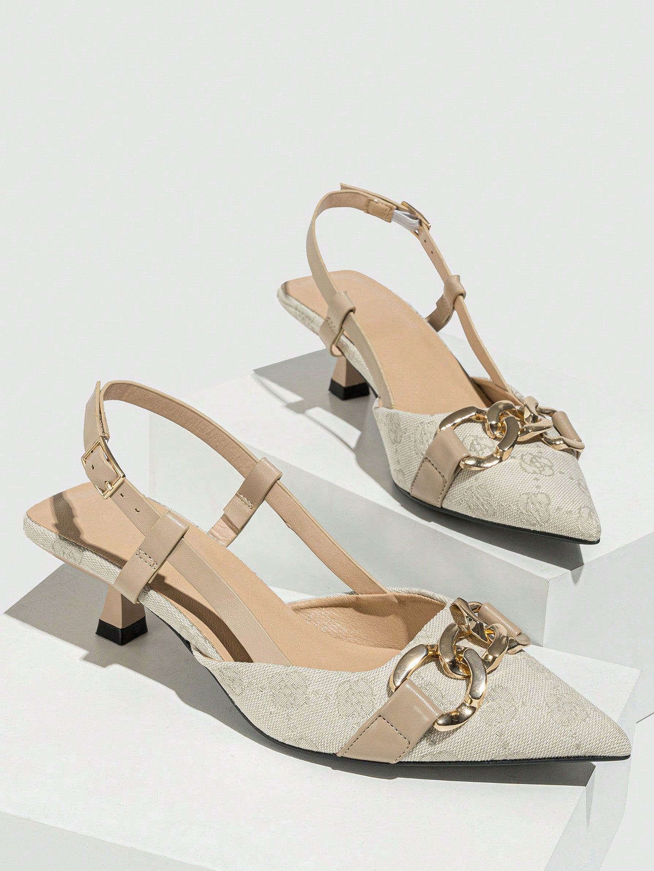 Women Vintage Square Toed High Heel Shoes With Chain Decoration, Elegant Brown Stiletto Pumps For Spring, Autumn, Outdoor Party And Daily Commute