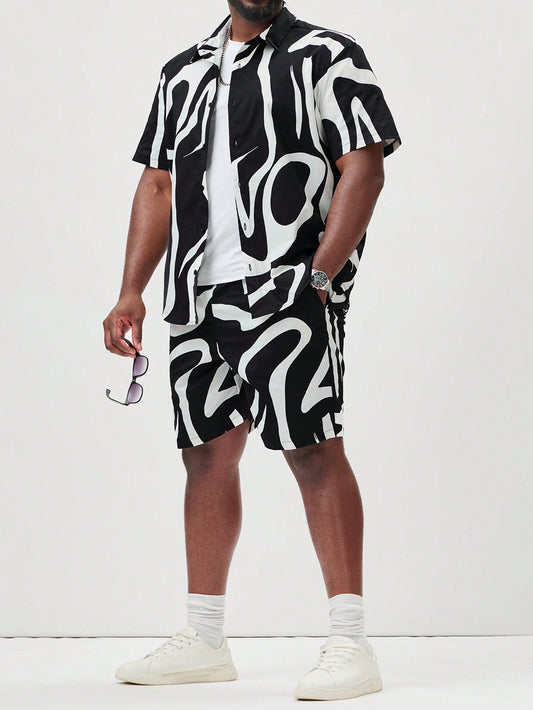 Men's Plus Size Irregular Line Print Short Sleeve Shirt And Shorts Casual Set, Summer