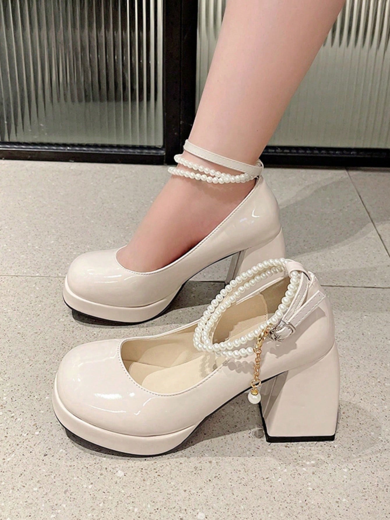 Mary Jane Heels, Spring And Autumn New Arrival, French Retro Style, Thick Heel, Color Block Design, Women's White Pu Leather Chunky Heel Sandals With Buckle, Elegant And  Women's Shoes