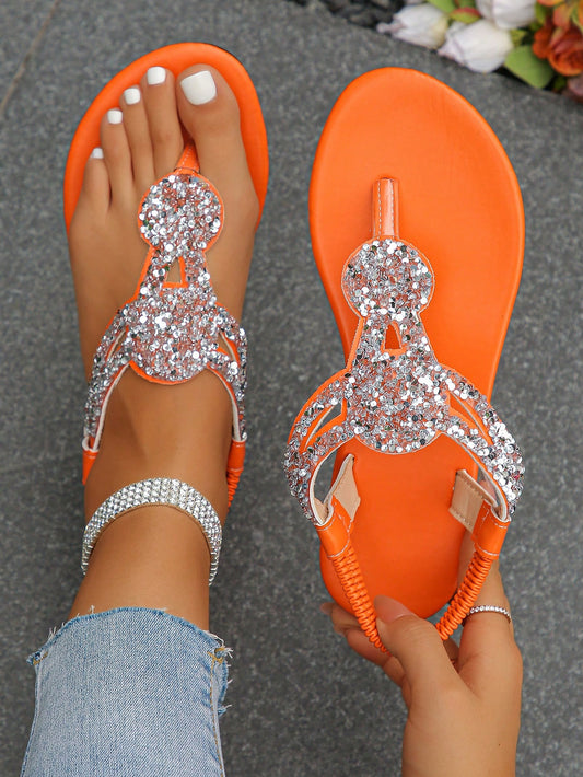 Plus Size Women's Orange Round Toe Flat Sandals, Sizes 35-43, Perfect For Summer, Champagne Silver Rhinestone Embellished Toe Ring, Lightweight And Fashionable For Outdoor Wear