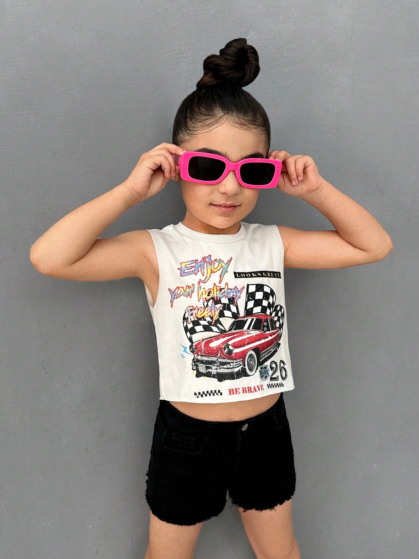 Young Girl Car & Letter Graphic Tank Top