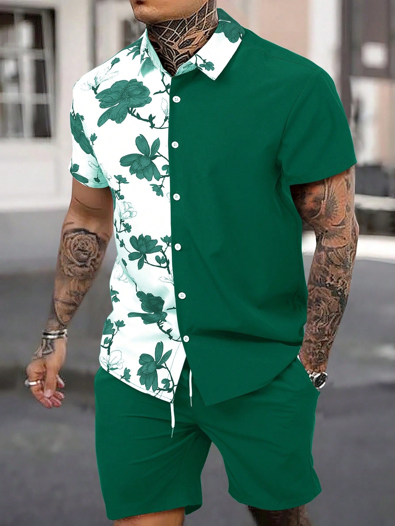 Men Floral Print Shirt & Drawstring Waist Shorts