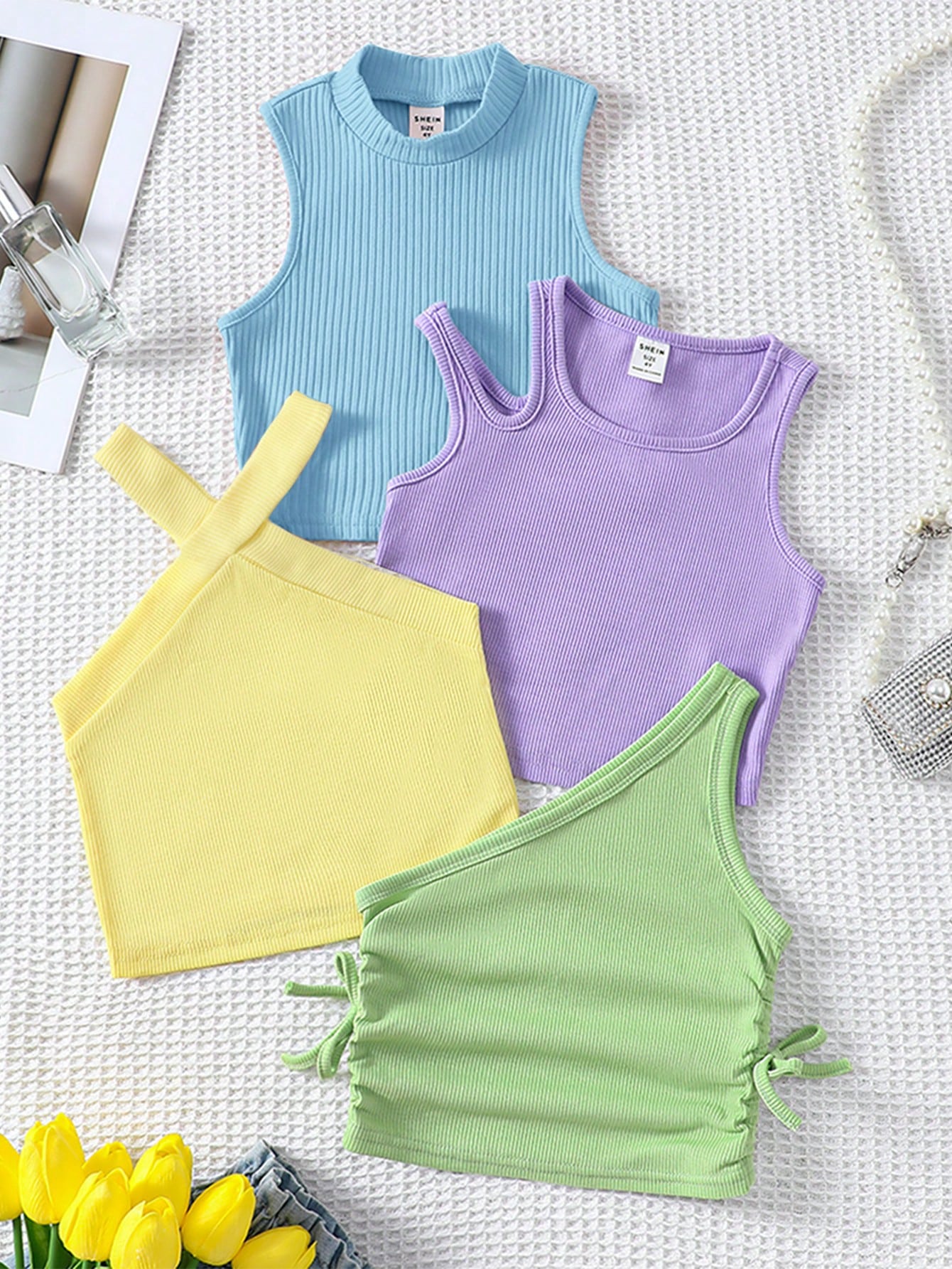 Young Girl Knitted Solid Color Sleeveless Tops Four-Piece Set