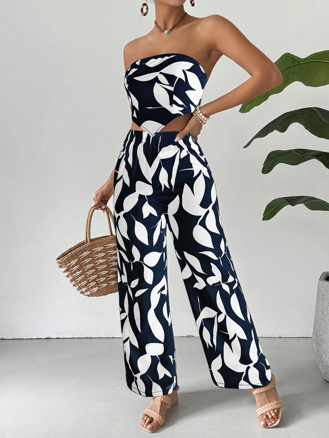 Plant Print Casual 2-Piece Outfit