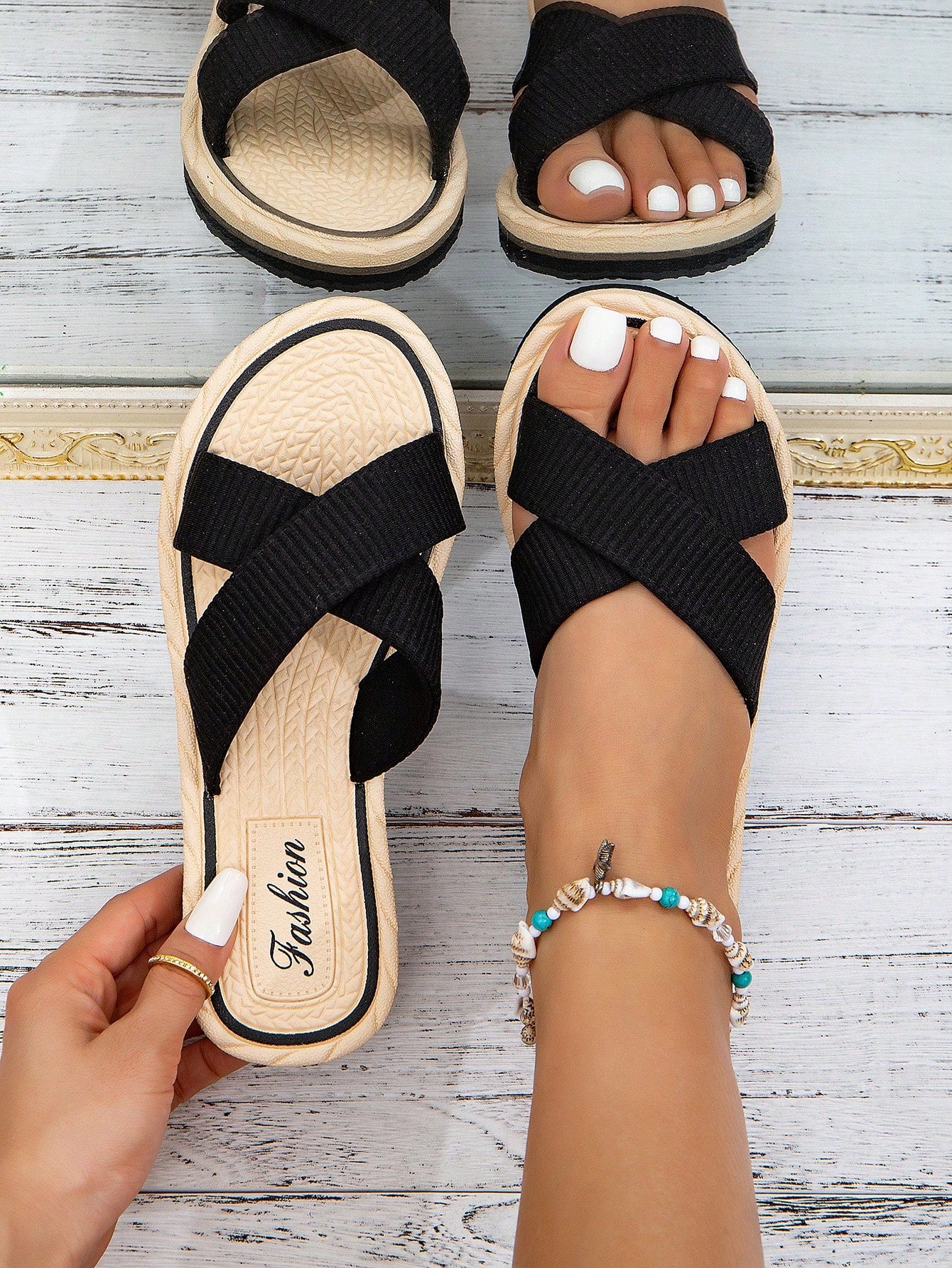 Fashionable Women's Black Flat Sandals With Black Cross Straps And Jute Rope Detail