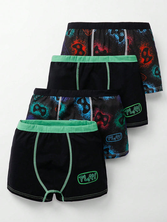 4pcs/Set Tween Boy Fluorescent Gaming Controller Letter Printed Boxer Briefs