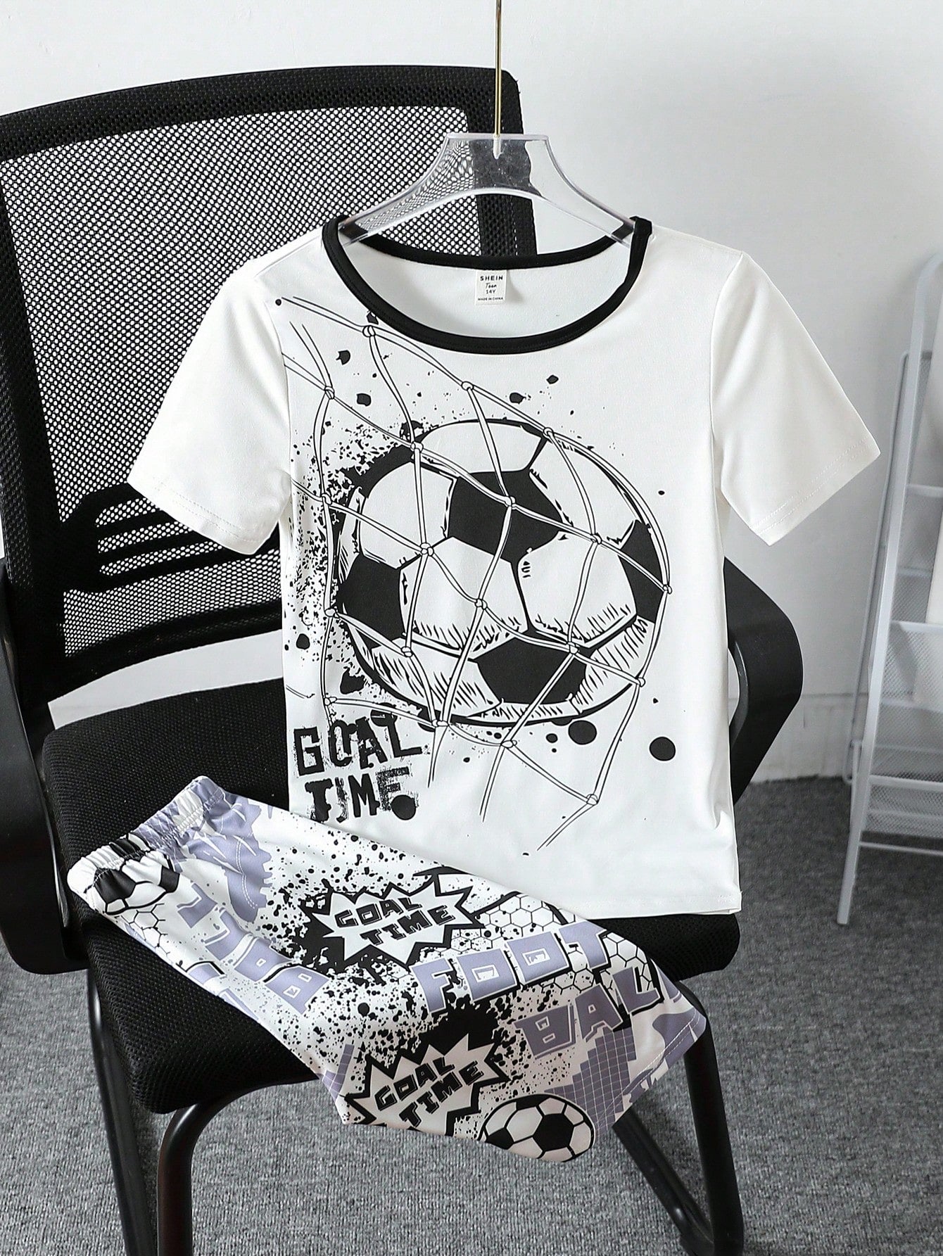 Teen Boy Black & White Football Element Printed Shorts & Short Sleeve Snug Fit Homewear Set