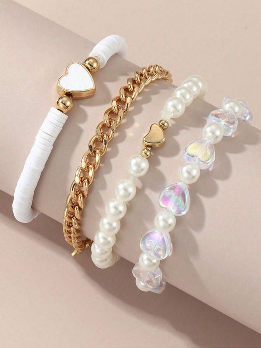 4pcs Kids' Handmade Beaded Bracelet Set With Pearl, Soft Clay, And Heart-Shaped Pendant