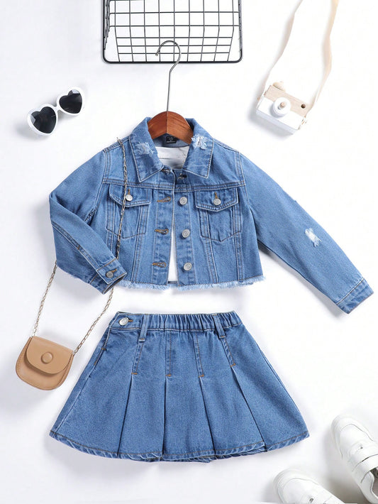 Young Girl Long Sleeve Denim Jacket & Skirt Set, With Spliced Frayed Hem And Washed Distressed Details, Mid Blue