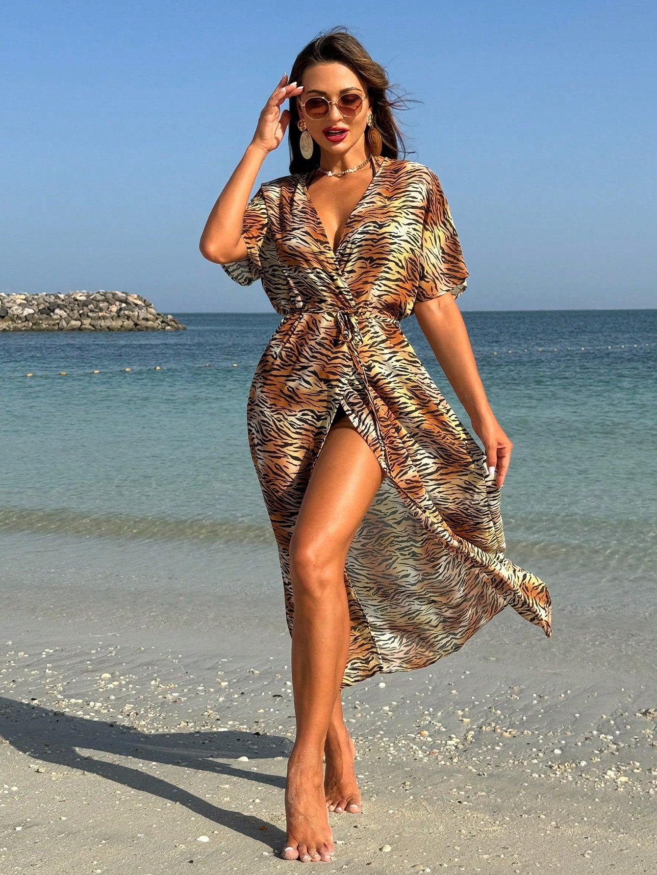 Swim Summer Beach Leopard Chiffon Detachable Belt Kimono