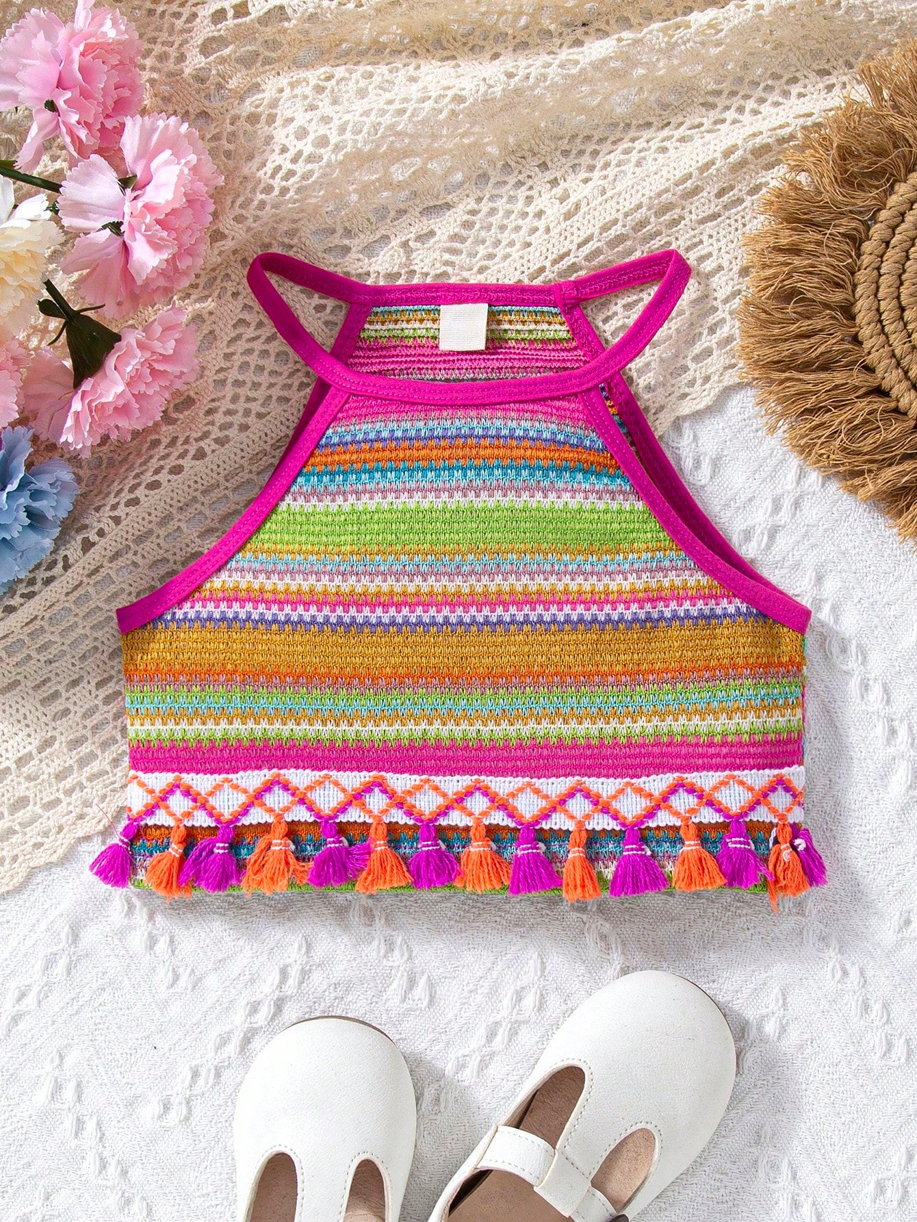 Young Girl Rainbow Colored Braided Strap Tank Top, Summer Casual Wear Suitable For Daily, Holidays, Festivals