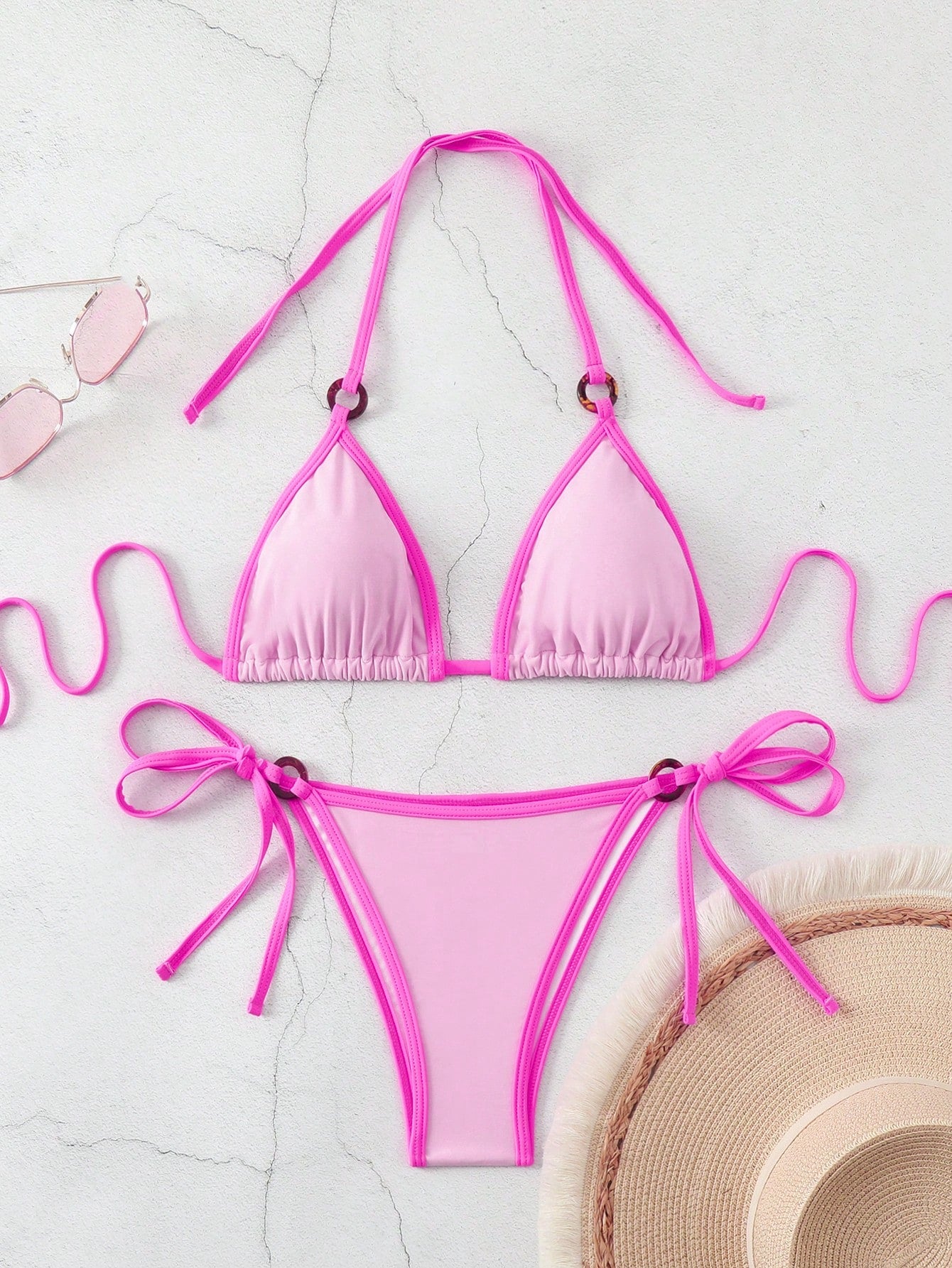 Swim Summer Beach Ladies' Solid Color Bikini Set With Trim Details - Halter Triangle Bralette And Side Tie Bottom Bikini