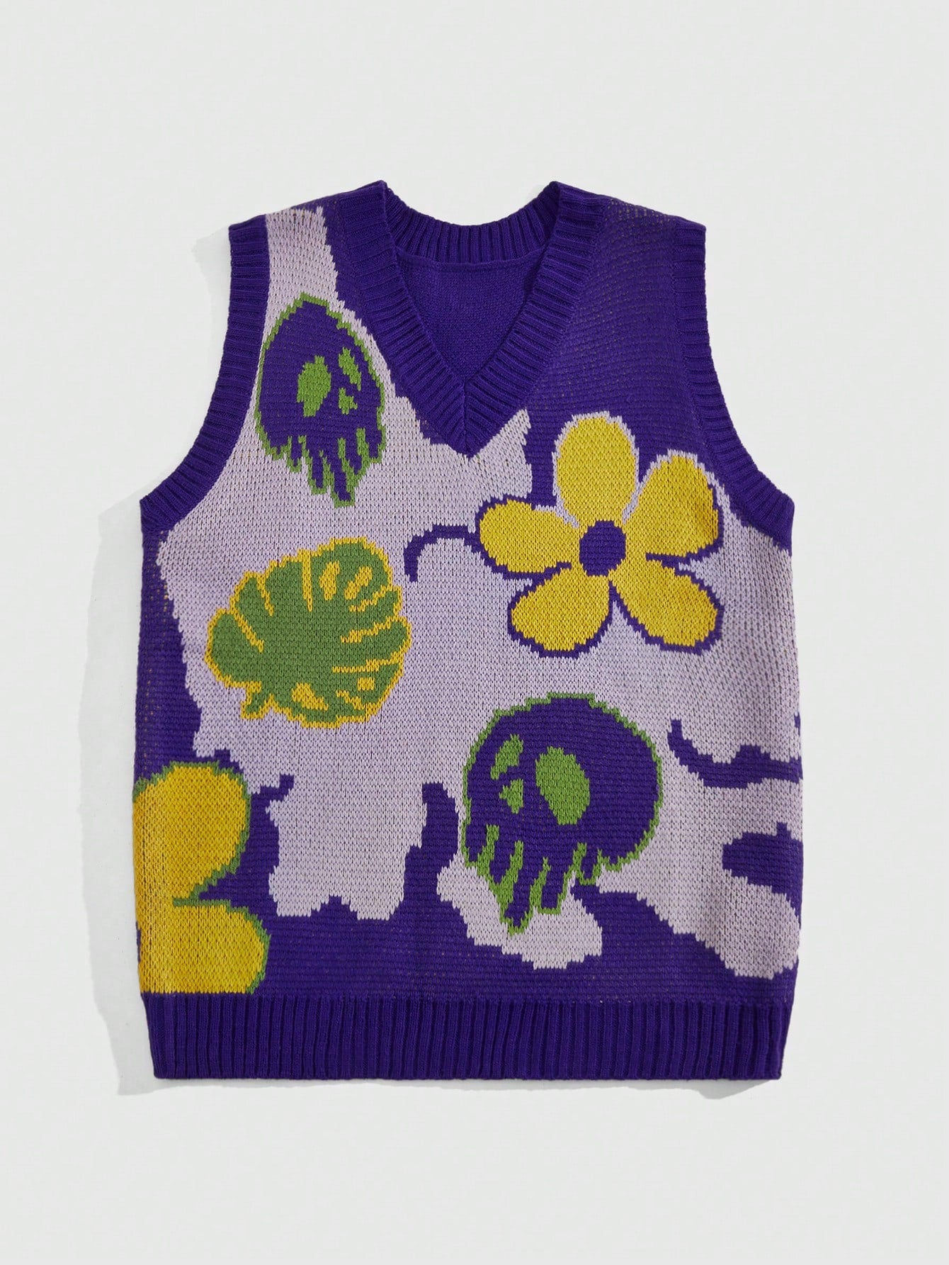 Street Life Men's Fashionable Contrast Color Flower & Plant Print Skull Pattern V-Neck Sweater Vest