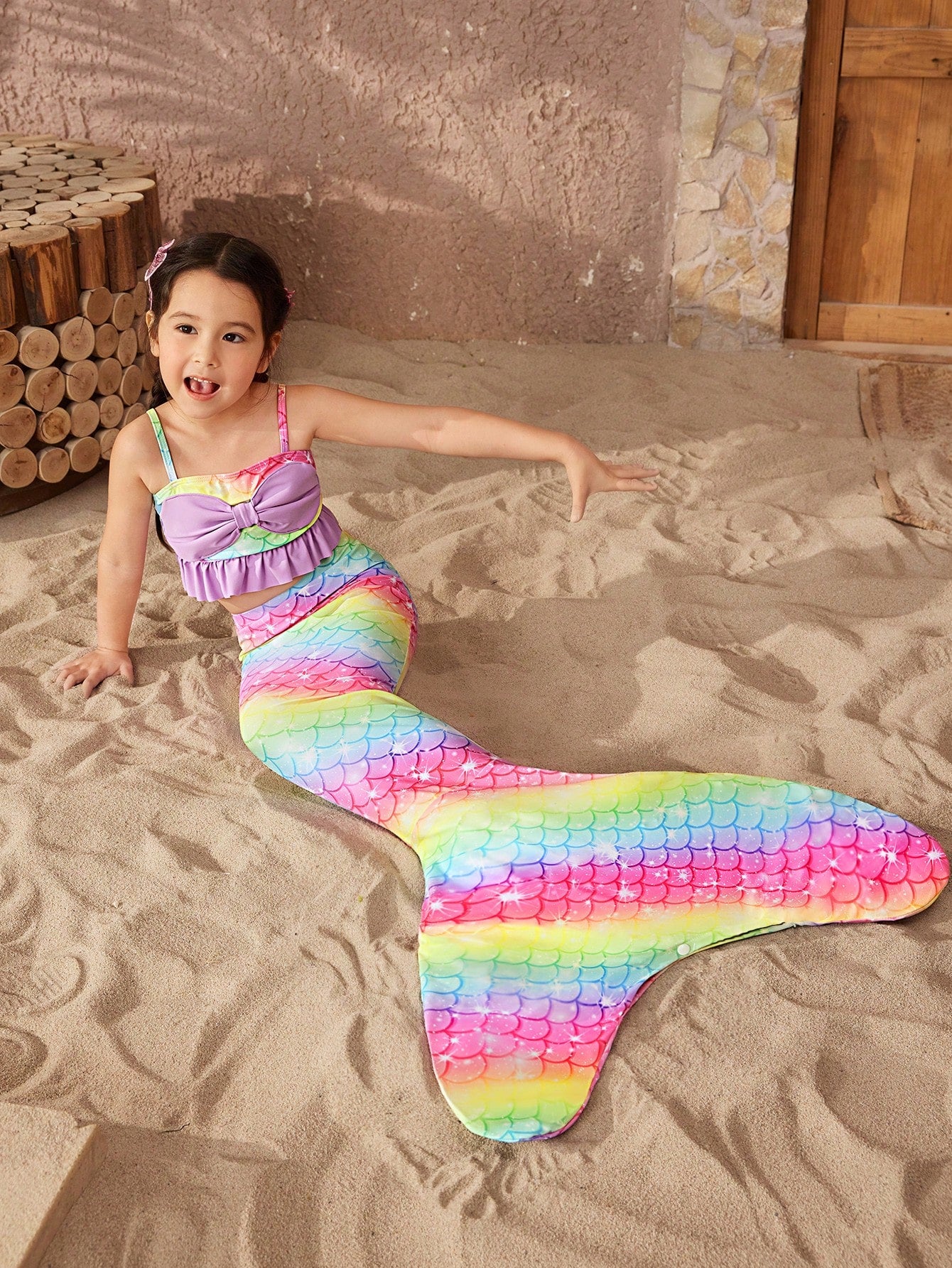 Young Girl Mermaid Tail Swimsuit 3-Piece Set