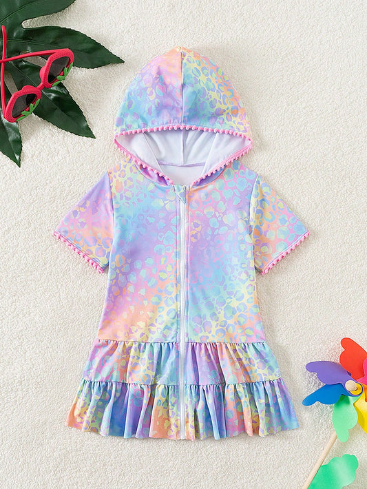 Young Girl Fashionable Holographic Printed Short Sleeve Hooded Kimono Cardigan