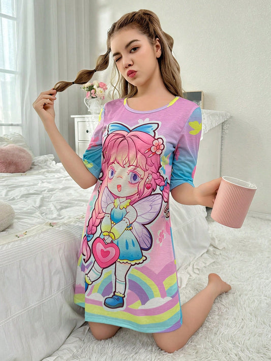 Teen Girl Simple And Cute Anime Character Printed Short Sleeve Nightgown With Round Neck For Home