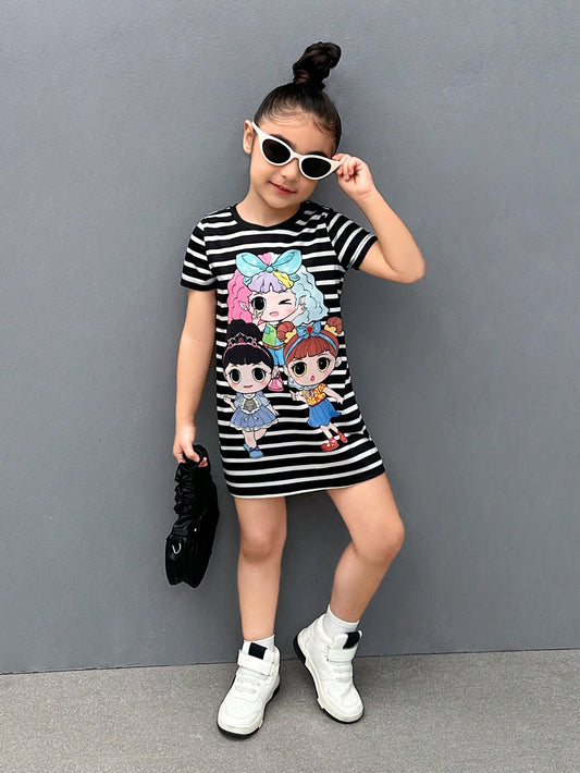 Young Girl Knitted Striped Casual Round Neck Bodycon Dress