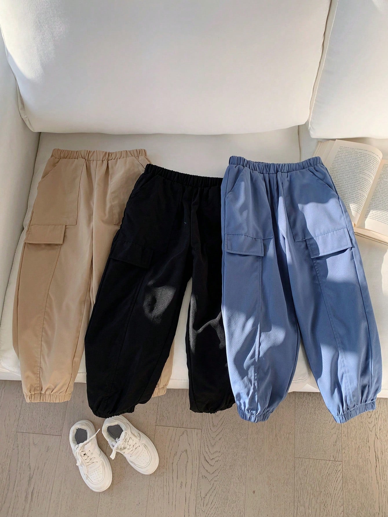 3pcs/Set Young Boy Casual Solid Color Woven Jogger Pants Outfit