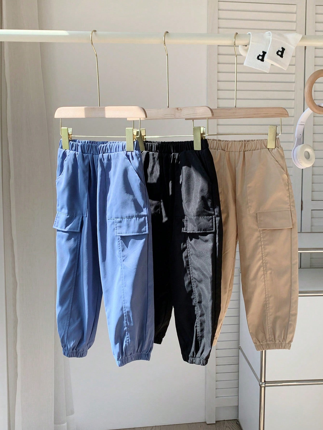 3pcs/Set Young Boy Casual Solid Color Woven Jogger Pants Outfit