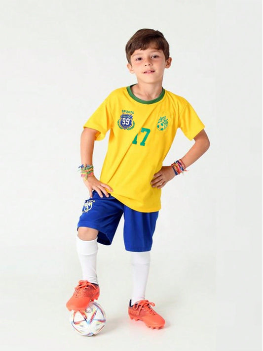 2pcs Tween Boy Casual Sporty Printed Color Block Tie Front Short Sleeve T-Shirt And Shorts Set