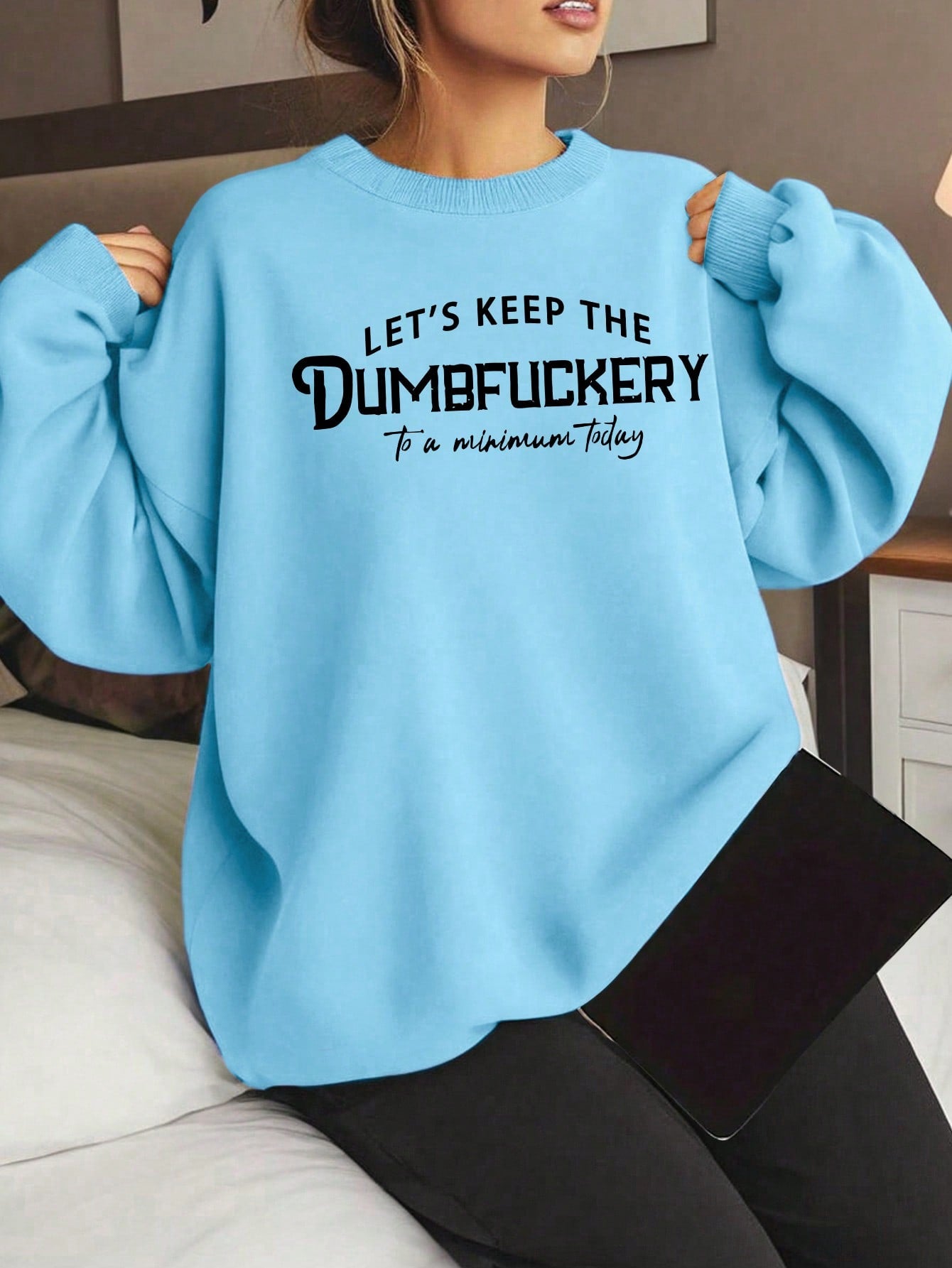 Plus Size Women's Slogan Letter Print Crew Neck Long Sleeve Sweatshirt, Sportswear