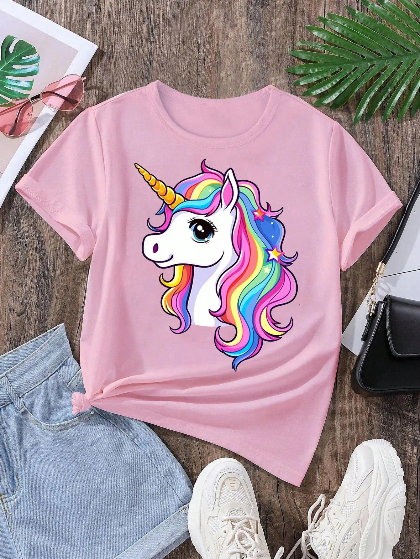 Tween Girl Summer New Unicorn Cartoon Cute & Dynamic Printed Black T-Shirt