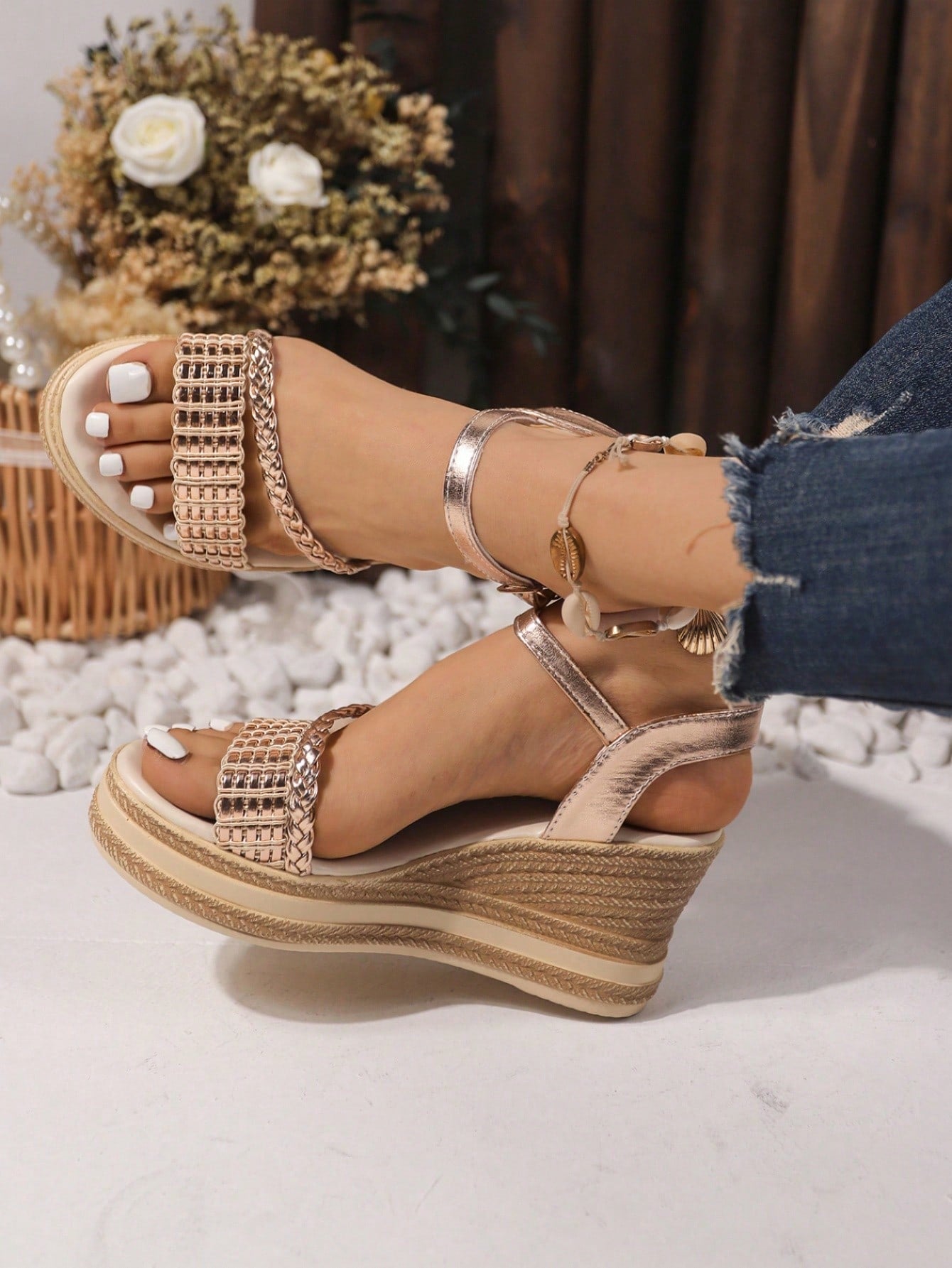 Youth's Trendy & Versatile Anti-Mite Woven Wedge Sandals With Rope Sole, Women's Must-Have For Summer Vacation Featuring Metal Weaving Detail On Ankle Strap, Chunky Heel