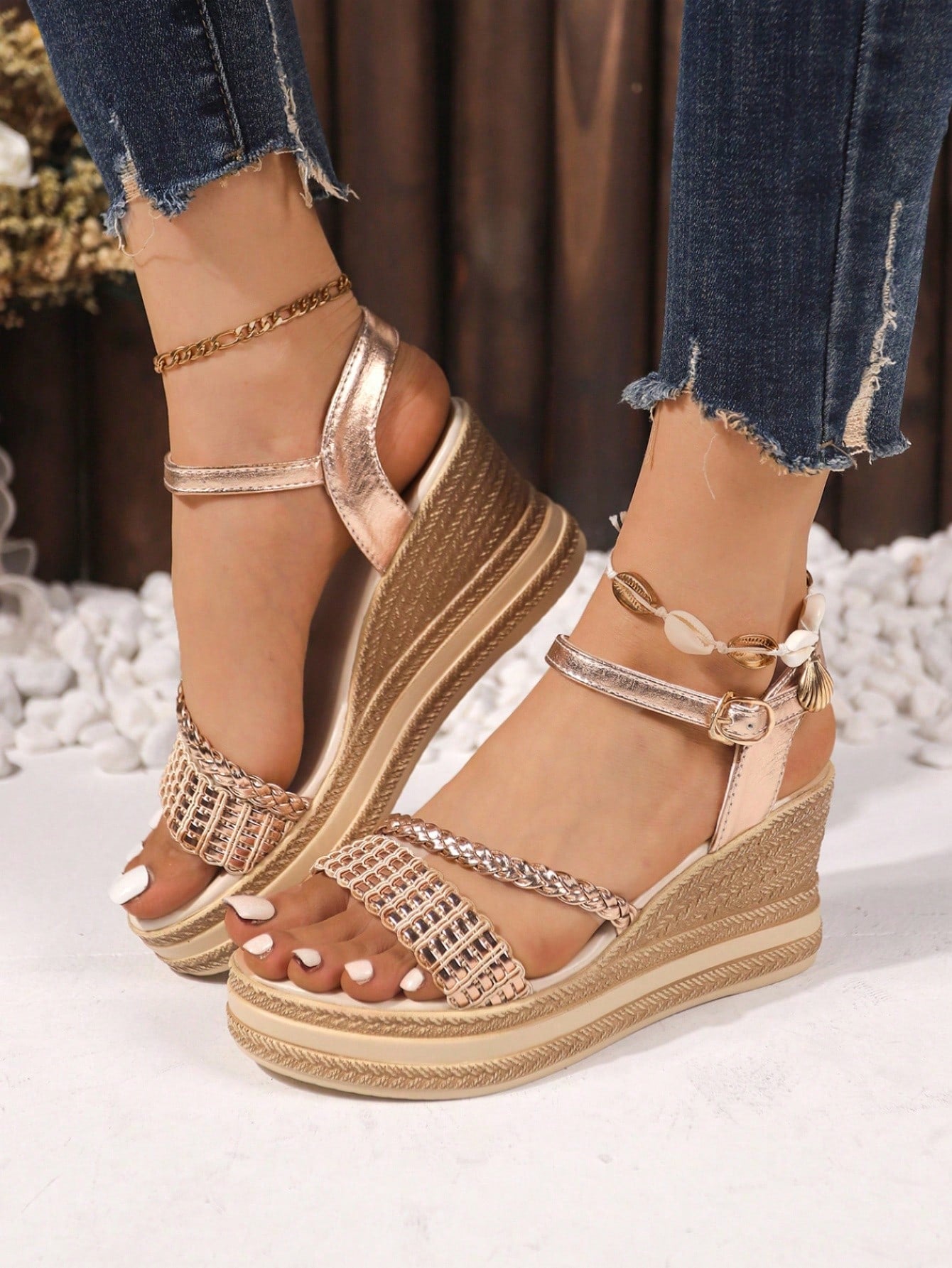 Youth's Trendy & Versatile Anti-Mite Woven Wedge Sandals With Rope Sole, Women's Must-Have For Summer Vacation Featuring Metal Weaving Detail On Ankle Strap, Chunky Heel