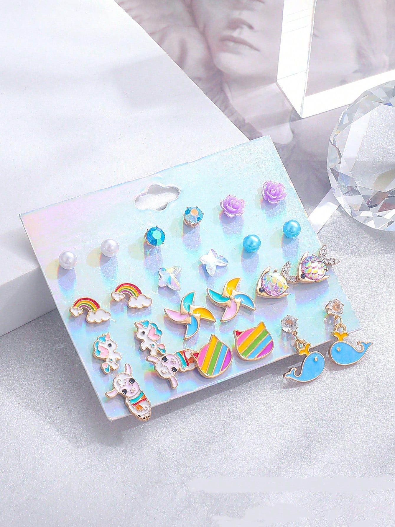 12pairs Random Children's Colorful Rainbow Ear Clips Geometric Earrings Spring/Summer Series, Animal Multi-Pair Ear Studs Set