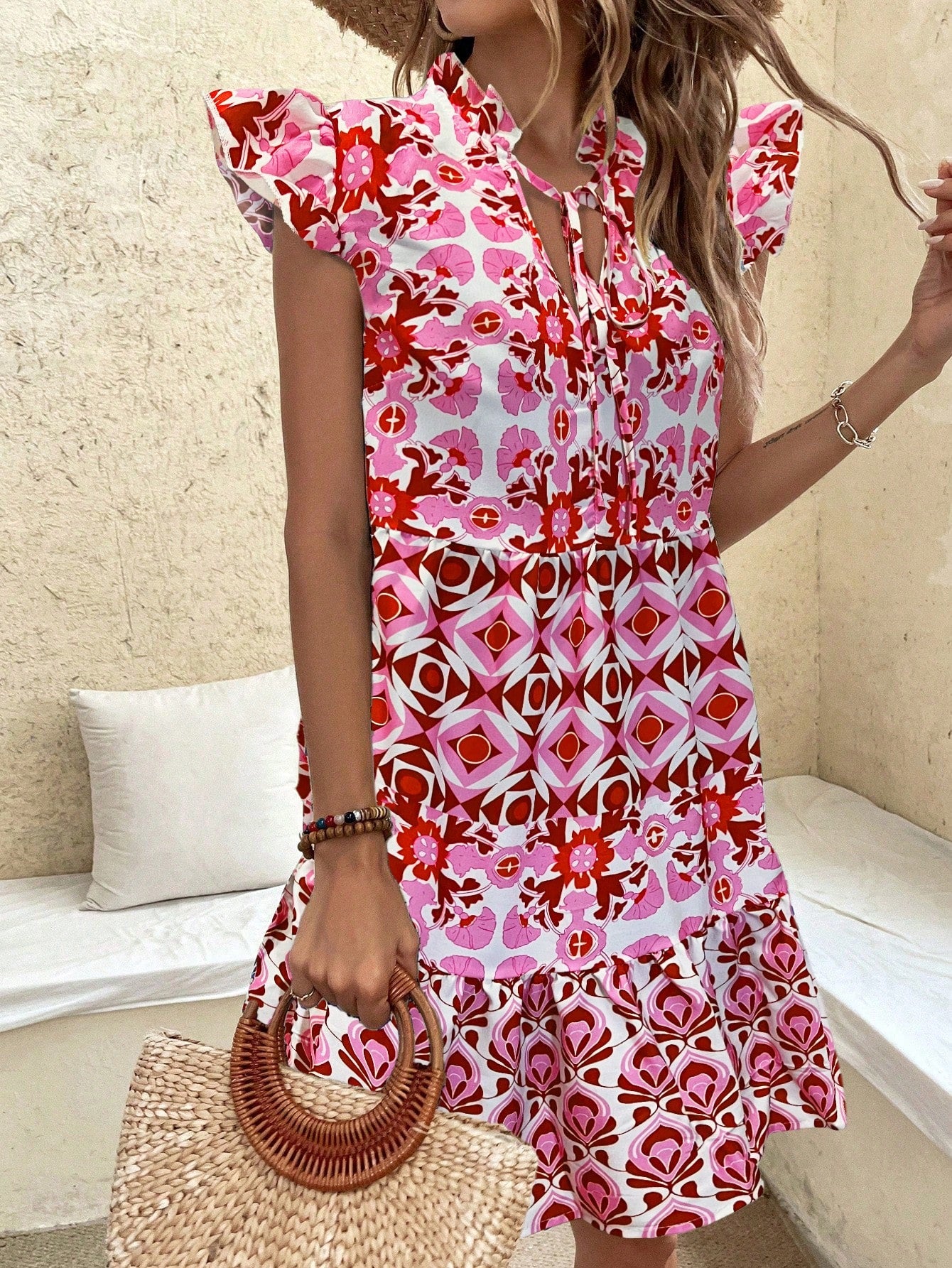 Printed & Patchwork Mini Flutter Sleeve Dress With Neck Tie